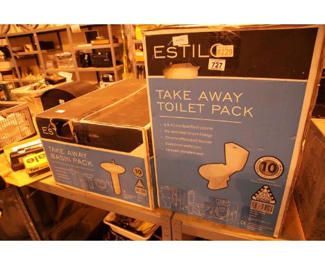 Estilo white basin pack with pedestal and matching toilet pack with seat, new old stock. Not available for in-house P&amp;P. 