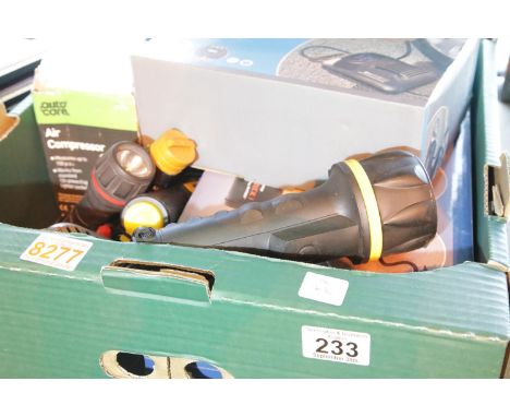 Box of mixed items including lamps and compressor. Not available for in-house P&P.Condition Report: All electrical items in t