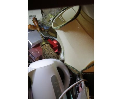 Large box of household items including a set of cooking scales, clocks and boxed new candlesticks. Not available for in-house