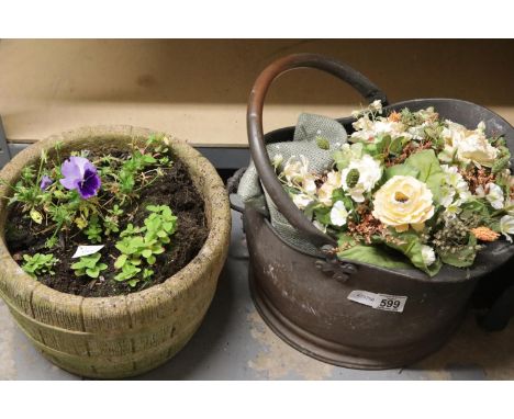 Stone planter and a copper scuttle. Not available for in-house P&amp;P. 