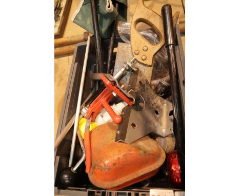 Two boxes of mixed tools including a tile cutter. Not available for in-house P&amp;P. 