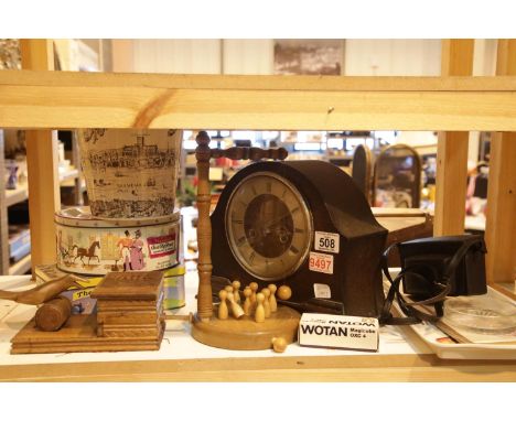Mixed items including mantel clock and wooden cigarette dispenser. Not available for in-house P&amp;P. 