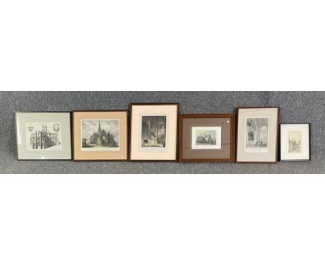 Five ecclesiastical themed engravings and an etching of St. Paul's by W. Haiburn?. All framed and glazed. H.41 W.34cm (larges