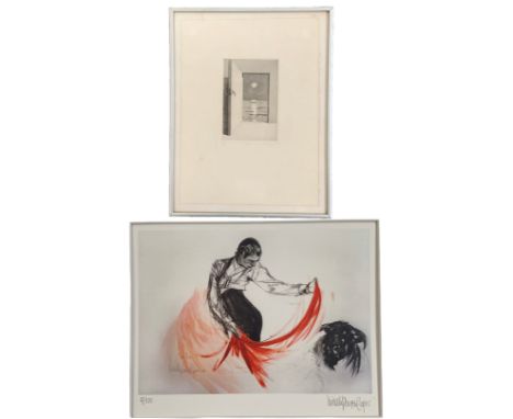 A signed limited edition etching, bullfighter and a signed etching, both framed and glazed. H.43 W.33cm, H.42 W.48cm.