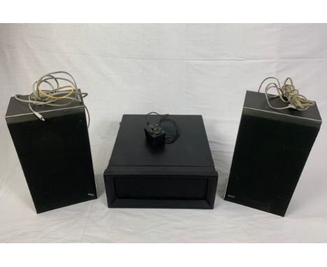 A pair of Bang and Olufsen Beovox X25 speakers and a Steepletone portable record player. H.16 W.38 D.42cm (largest) 