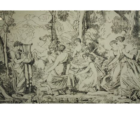 Joshua Cristall (1767–1847). 1816 pen lithograph. Apollo and the muses. Signed in the plate lower right. Framed and glazed. H