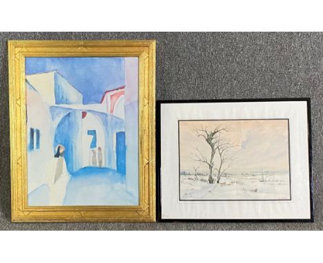 A print, 'View of an Alley' 1914 by August Macke with note to reverse and a watercolour signed Stryiewski. H.75 W.61cm (large
