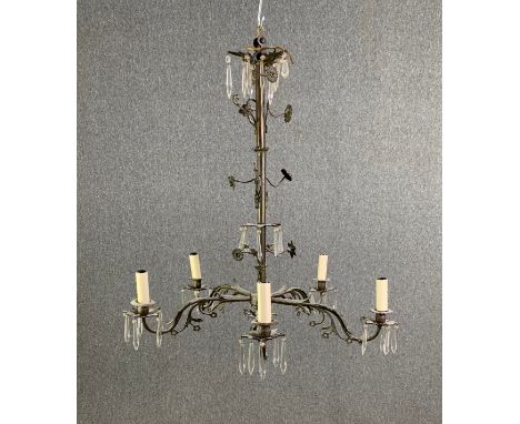 A vintage five branch bronze and brass chandelier with crystal drops. H.76cm 