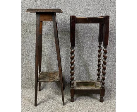 An oak plant stand and an oak umbrella stand with a copper drip tray. H.81cm (largest) 