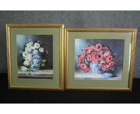 A pair of vintage still life prints and three Impressionist style etchings in a single frame. H.50 W.55cm. (largest) and H.30