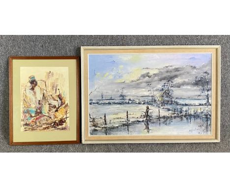 Two signed oil paintings; 1 Sam Kobee and 1 K. Cambrall? 1976. Both framed, 1 glazed. H.59 W.84cm (largest)