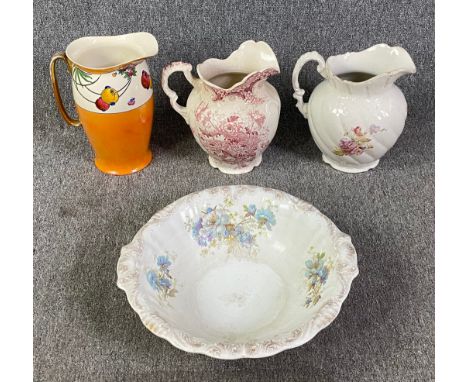 A collection of three 19th century jugs and a wash basin. H.32cm (largest) 