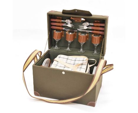 Four person picnic set, housed within a green canvas and brown leather car with shoulder strap, 43.5cm x 28cm x 31.5cm high 
