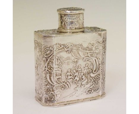 Dutch white metal tea caddy with embossed Roccoco decoration, stamped 930 to the base, silver import marks for London 1900, 1