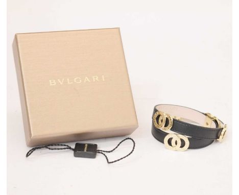 Bulgari - Black leather coiled bracelet with champagne hardware, with original tag and box