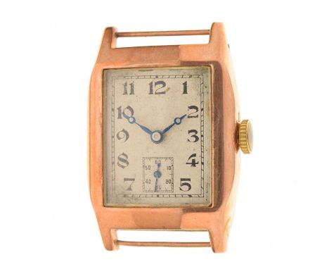 Gentleman's 9ct gold cased watch head, having a white rectangular guilloche dial with Arabic hour makrers, seconds subsidiary