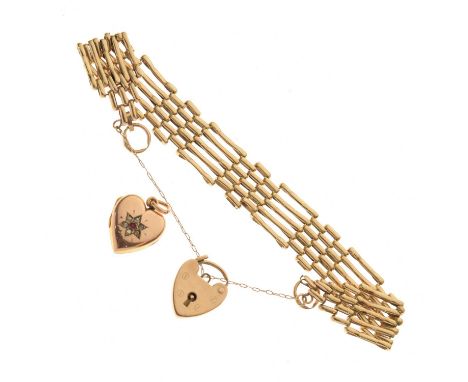 9ct gold gate link bracelet, together with a heart shaped locket set red and white stones, stamped '9ct back &amp; front', 20