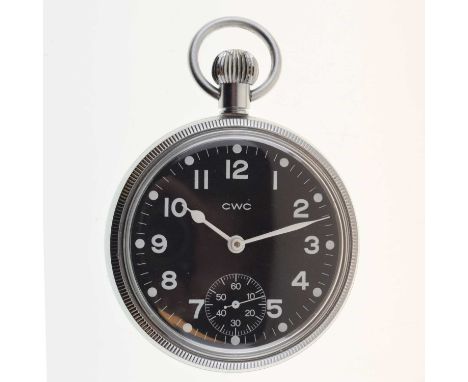 Cabot Watch Co. (CWC) manual wind MOD issue pocket watch, the signed black dial with subsidiary seconds dial, Arabic numerals