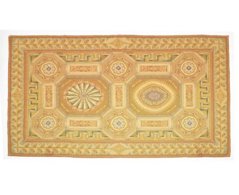 Tapestry wall hanging, polychrome octagonal motifs within leaf border, 142cm x 232cm