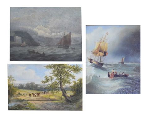 English school - Oil on board - Coast scene with sailing boats, 34cm x 43cm gilt framed, together with an oil of cattle on a 