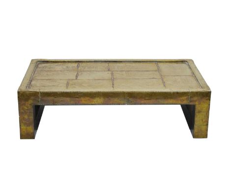 Rodolfo Dubarry, Marbella - Overlaid brass coffee table, the rectangular inset top decorated in panels of abstract decoration