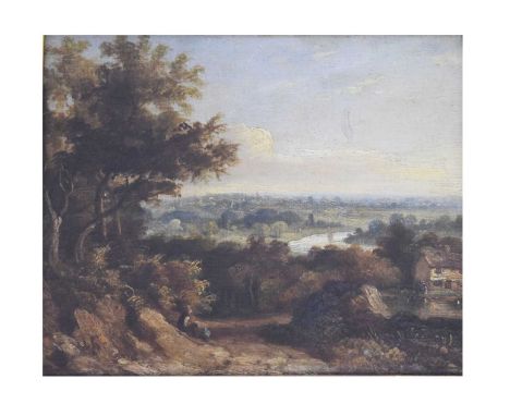 English School, 19th century - Oil on panel - Rural landscape with cottage, plaque 'J. Constable', 31.5cm x 38cm, gilt framed