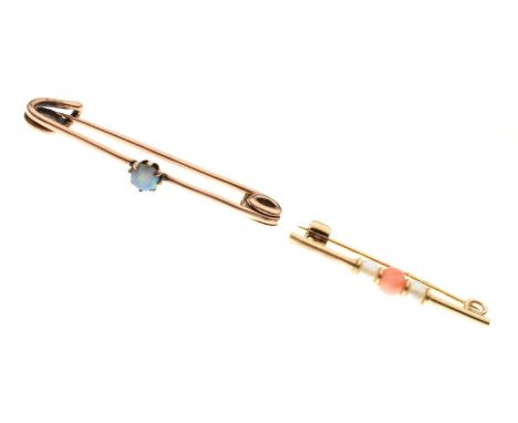 9ct gold bar brooch set freshwater pearls and coral, and another bar brooch set a single opal cabochon, 2.8g gross approx (2)