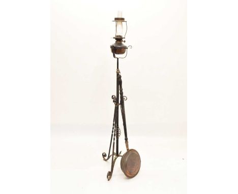 Art Nouveau cast metal floor standing oil lamp, 156cm high (overall), together with a warming pan, copper pot, etc. 