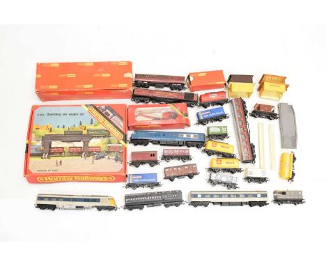 Mixed quantity of Hornby and Triang 00 gauge railway train set items to include; R.404 'Operating Ore Wagon Set', boxed bridg