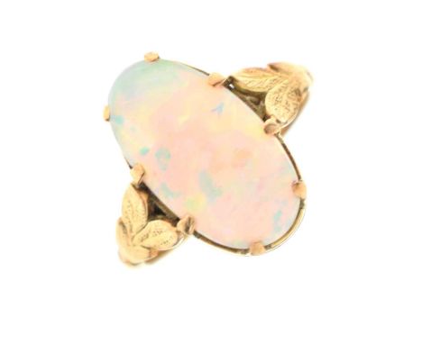 Opal single stone ring, the oval cabochon 9mm x 15mm approx, the shank stamped '15ct', size J, 3.3g gross approx