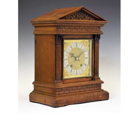 Winterhalder &amp; Hofmeier - German oak 'brickwork' bracket clock, circa 1900, the square brass dial with silvered chapter r