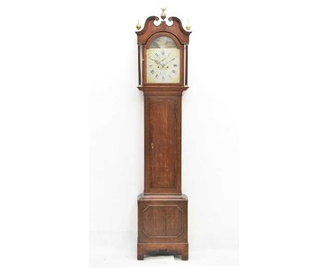 Early 19th century painted dial oak longcase clock, Gilbert Moses, Lincoln, signed 11-inch break-arch Roman dial with subsidi