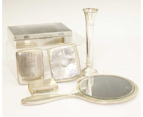 George V silver table-top box with engine turned decoration, Birmingham 1928, 15cm wide, two silver cigarette cases, bud vase