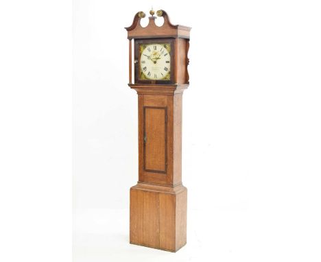 19th century oak cased painted dial longcase clock, Charles Haines, Swindon, 11-inch square dial Roman dial with painted span