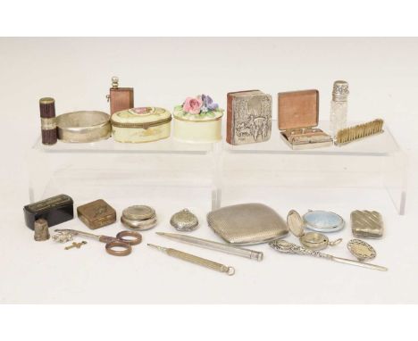 Quantity of silver and objects of virtue to include silver compact, silver plated pocket compass, trinket boxes, etc