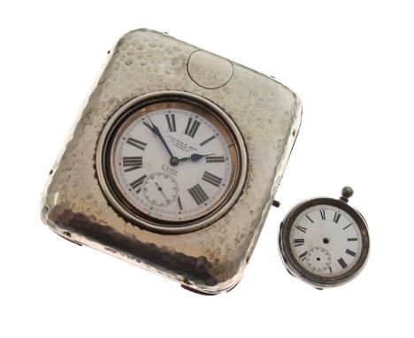 Early 20th century silver fronted desk clock, housing a silver plated goliath 8 days pocket watch retailed by Edwards &amp; S