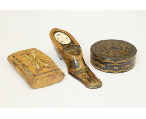Treen and pique work shoe snuff box with inset portrait panel to cover, 12.5cm long, together with another snuff box and circ
