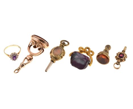 Small collection of fob seals, etc, together with a 9ct gold, purple and white stone cluster ring, size K, 1.4g gross approx