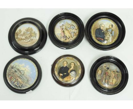 Six Prattware pot lids including; 'King Edward and Queen Alexandra', 'New York, 1853', and 'The Thirsty Soldier', all in wood