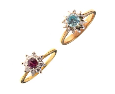 18ct gold, ruby and diamond cluster ring, size M, and another ring set blue topaz-coloured stone, stamped '18ct', size K½, 6.