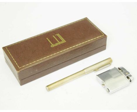 Dunhill - Cased silver fountain pen having yellow metal stamped '585' nib, together with Ronson lighter (2)
