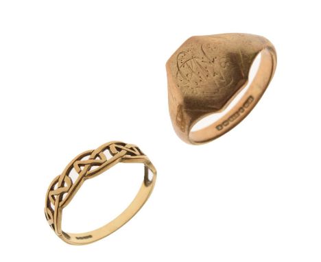 9ct gold signet ring size T, and a 9ct gold Celtic-design band, size R, 7.3g approx (2)