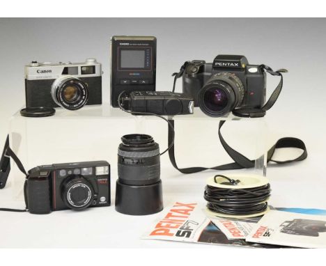 Pentax SF7 camera with Hoya 58mm lens, and carry case, together with a Canon QL19 with Canon SE 45mm lens and accessories