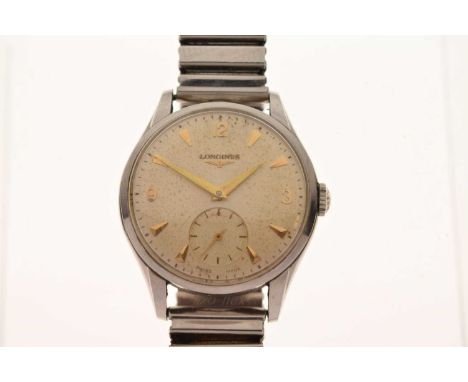 Longines - Gentleman's manual wind stainless steel wristwatch, having a cream dial with gilt arrowhead and Arabic hour marker