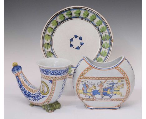 Two French Breton faience polychrome decorated vases, one of rhyton form the other ovoid sleeve form, together with a Contine