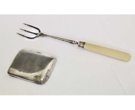 George V silver cigarette case, Birmingham 1917, 9cm high, 76g approx, together with a George V ivorine handled silver fork, 
