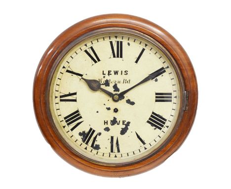 Early 20th century mahogany cased single fusee wall clock, retailed by Lewis of Hove, having a cream painted Roman dial with 