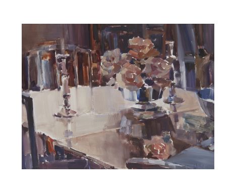[§] ETHEL WALKER (SCOTTISH B.1941)  CANDLESTICK AND ROSES   Signed, oil on board  55cm x 73cm (21.5in x 28.75in)