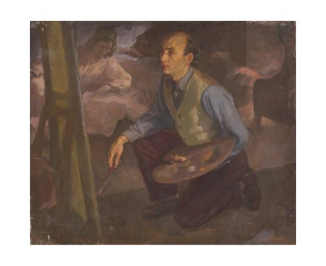 [§] GORDON STEWART CAMERON R.S.A. (SCOTTISH 1916-1994)  PORTRAIT OF THE ARTIST ALBERTO MORROCCO   Signed, oil on canvas, unfr
