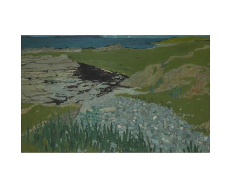 [§] FRANCES WALKER (SCOTTISH B.1930)  SPRING, ORONSAY LOOKING TOWARDS ISLAY, C.1965   Signed, oil on board  66cm x 105cm (26i